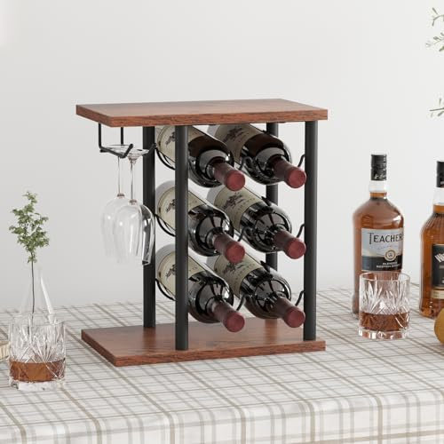 Dripex Countertop Wine Rack 3-Tier Freestanding Wine Rack with Glass Holder Wine Bottle Holder with Wood Tabletop, Metal Frame for Cabinet, Cupboard, Countertop, T-20221107001-GJW
