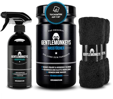 GENTLEMONKEYS Cockpitpflege Auto (500ml) + 45er Pack Nasstücher • Innenraumreiniger für Reinigung & Pflege aller Kunststoffe & Glattleder • Inklusive Auto Pflegeset für Innen & Außen