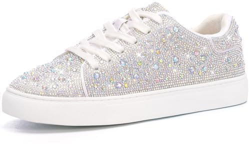 Suokdil Glitzernde Strass-Sneaker für Damen - Weißer Schuh Mit Glitzer, Modisches Bedazzled Plateau, Tennisschuhe für Braut, Hochzeit Und Party - Trendiger Schuh Mit Pailletten