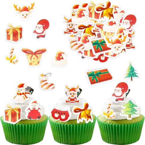 Catelves Essbare Tortendeko Weihnachten - 48 Stück Kuchen Deko, Cupcake Topper, Esspapier Muffin Deko, Cake Topper für Weihnachten