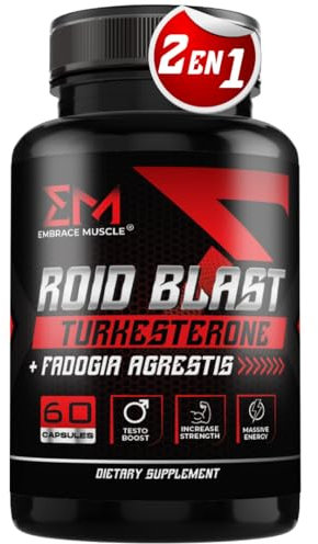 Testosterona Hombre, Turkesterone + Fadogia Agrestis, Potenciador Sexual, Rendimiento Muscular, Aumento Fuerza, Natural, 60 Cápsulas, Dosis Óptima 1200mg, Vegano, Sin Gluten, 2 EN 1