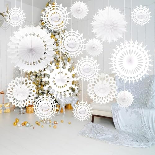 FS-PINGXIANG 16 Pcs White Mix Tissue Paper Fan Party Fan Snowflake Hanging Decoration Winter Christmas Wedding Decorations, Assort Size