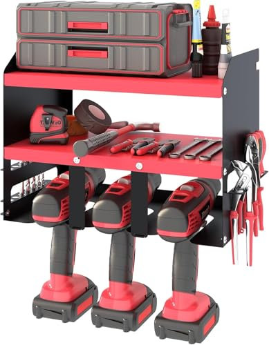 Power Tool Storage, Wall Mount Drill Holder for 4 Power Drill Tools, Power Drill Tool Holder, Heavy Duty Tool Shelf, 3 Layers Tool Rack with Side Screwdriver Rack for Garage, Workshop (Red)