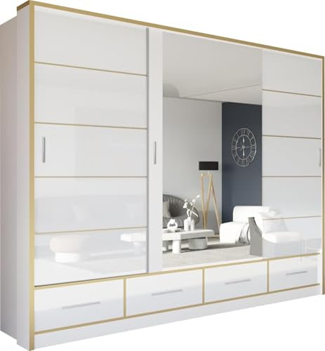 SLIDING WARDROBE 4U Manali Modern High Gloss Sliding Mirror Door Wardrobe with Drawers and Golden Strip (White Gold, 253cm)