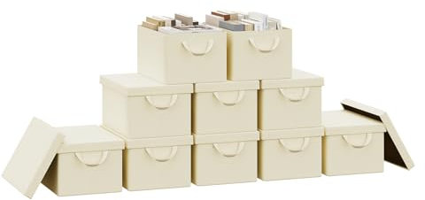 WOLTU Faltbare Aufbewahrungsboxen 10 Stück, Stoffboxen mit Deckel, Aufbewahrungskörbe für Kleidung, Bettdecke, Spielzeug, Creme, 38x27x20cm
