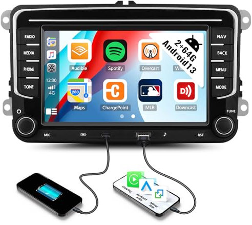 CAMECHO 2G+64G Android 13 2 Din Car Stereo for VW Golf 5 MK5 MK6 Passat B6 Polo with Wireless Carplay Android Auto, GPS Navi WiFi 7 Inch Touchscreen Bluetooth Car Radio FM/RDS USB SWC+ Camera Mic