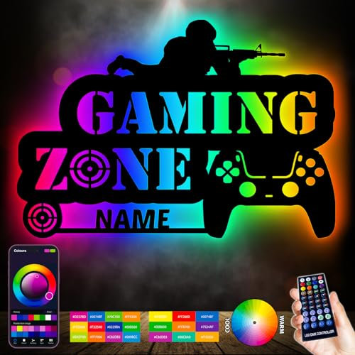 LEON FOLIEN Led RGB Gaming Zone Schild - Gamer Wandlampe personalisiert Mit Name - Beleuchtung Deko - Besondere Geschenke für Videospiel Fans, Geschenk-Idee für Zocker - Playerunknown's