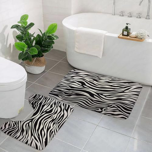 EMCLKS Badezimmermatten 2 Stück rutschfeste Badematte Teppiche, Badezimmer-Garnitur,U-förmiger Teppich,Komplettes Zebra-Tiermuster, schwarz-weiß,Waschbar Matte