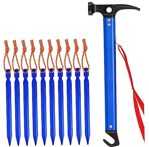 BESPORTBLE 11 Teiliges Set Camping Zelt Heringe Mit Multifunktionshammer 1 Blauer Hammer Und 10 Blaue Erdnägel Für Outdoor Aktivitäten Ideal Für Zeltaufbau Auf Verschiedenen Bodenarten