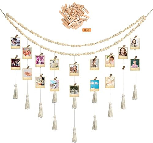 LadjproR Boho Fotowand Collage mit Holzklammern Handgefertigte Makramee-Fotorahmenwand mit Fransen Boho Wanddekoration für Wohnkultur, Schlafzimmer (A)