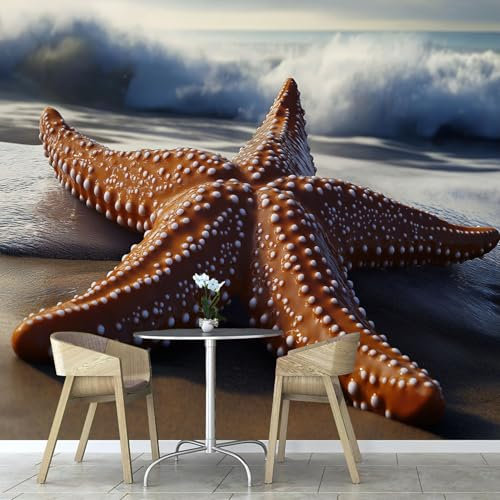 Fotomurales 3D Playa Y Estrellas Mar,350×256cm Papel Pintado Fotográfico, Vida Marina Decoración De Pared Murales para Salón, Dormitorio, Habitación para Niños, Papel Tapiz Pared de TV