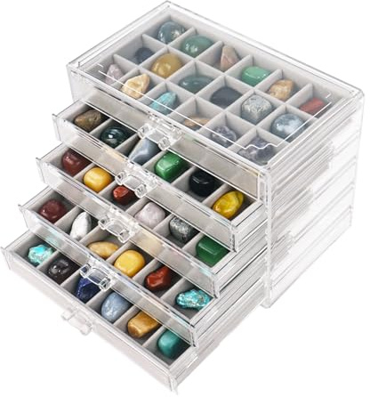Dmnnlp Rock Vitrine, 5 Schubladen und 90 Gitter, Acryl Aufbewahrungstruhe für kleine Felsen, Fossil Edelsteine Kristall Stein Sammlerstücke (Grau)