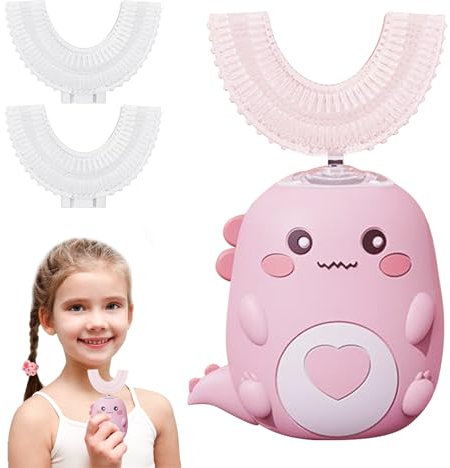 Spazzolino da denti elettrico a ultrasuoni a 360º, con 2 testine in silicone a forma di U, spazzolino automatico con LED e luce effetto dinosauro, per bambini dai 2 ai 6 anni (rosa 2 ~ 6 anni)