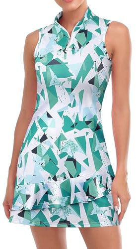 Aria Luxe Tennis Dress for Women Sleeveless Golf Dresses with Shorts and Pockets Ruffle Zip Up Stand Collar Golf Outfits