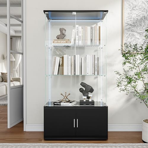 Vitrine avec éclairage LED, 3 étagères en verre et espace de rangement dans le meuble inférieur, vitrine en verre avec éclairage LED, vitrine sur pied avec éclairage, vitrine pour objets de collection