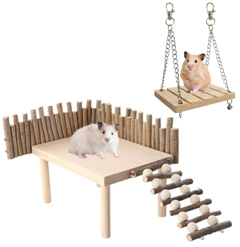 2 Pcs Juguetes para Hamster, DIY Plataforma de Madera para Hámsters con Escalera, Valla, Columpio, Juguetes para Cobayas, Topos, Rata, Animales Pequeños, Escondite, Jerbos, Loro, 22x15x7cm