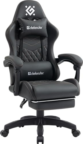 Defender® Gaming Stuhl, Ergonomischer PC Stuhl, bequemer Bürostuhl für Home Office oder Gamer-Sessel, Kopfkissen, Höhenverstellbar, Computerstuhl, PVC-Leder, Schwarz