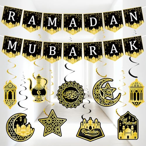 Ramadan Deko Set,Eid Dekoration Eid Mubarak Banner & Hängende Spiralen,Glitzernder Mond Sterne Moschee Folien Aufhängen für die Eid Al-Fitr Feier, islamische muslimische Heim Dekoration(Black)