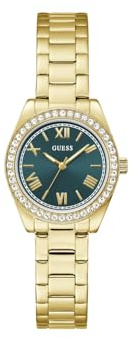 Guess Damen Armbanduhr GW0841L9 Mini Luna, 30 mm Edelstahl grün, blaues Zifferblatt, Quarz, Mineralglas, 3 ATM, Zirkonia, Gliederarmband Gold 14 mm