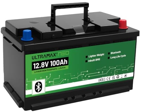 ULTRAMAX Neo 12V 100AH Lithium Battery (LiFePO4), DIN Sized European, 10000+ cycles, 10 year life, Rechargeable
