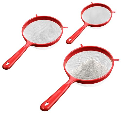 Kitchen Sieve, 3 Sizes (3/4/5 dia.) Fine Mesh Sieves for Cooking, Plastic Handled Strainer for Flour Food Washing Draining Pasta Spaghetti Rice Vegetable, Red, Sieves for Cooking, Plastic Sieve