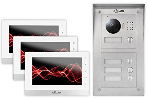 Goliath IP Gegensprechanlage, Aufputz Türstation, Edelstahl, HD Kamera, App, Türöffner Funktion, Freisprechfunktion, Video-Speicher, 3 Familienhaus Set, AV-VTC57