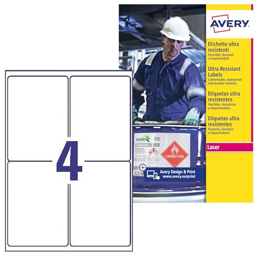 Avery B7169-50 (99 x 139mm) Extra Strong Adhesive, Ultra Heavy Duty Industrial Waterproof GHS Labels, 4 Labels Per A4 Sheet