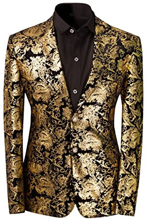 Allthemen Herren Pailletten Sakko Gold Glitzer Blazer Slim Fit Hochzeit Smoking Gold XS