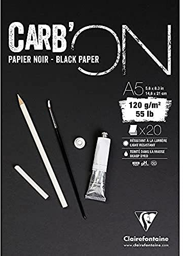 Clairefontaine 975038C Blocco collato Carb'ON - 20 fogli carta da disegno Nera A5 14,8x21 cm 120g - Ideale per il Disegno e lo Schizzo a matita o Marker Bianco