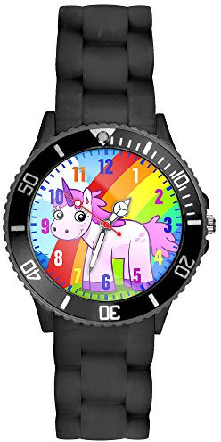 Taffstyle Kinder-Armbanduhr Analog Quarz mit Silikon-Armband Zahlen Einhorn Kinderuhr Lernuhr Sport-Uhr Rainbow Schwarz