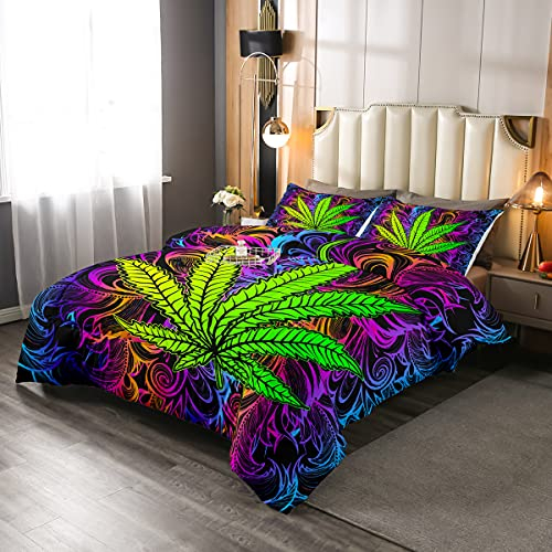 Erosebridal Cannabisblatt Tröster Set, Teens Marihuana Weed Leaf Down Tröster Twin Size, Botanical Hanf Bettwäsche Set für Kinder Mädchen Frauen, Bohemian Trippy Steppdecke für Schlafzimmer, lila grün