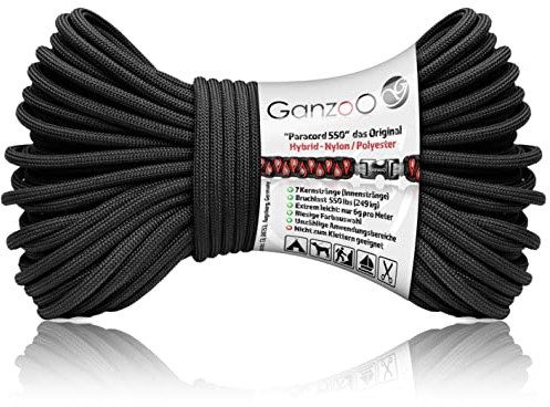 Ganzoo Paracord 550 Seil schwarz, 4mm, Typ 3, Nylon Polyester, Hybrid, Armband, Hunde-Leine, Hunde-Halsband knüpfen, ca. 250kg Bruchlast, Outdoor Rope, Camping Schnur, Allzweckseil, 30 Meter