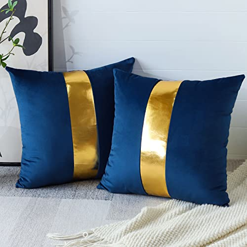 Artscope Dunkelblauer Samt Kissenbezug mit Luxuriöser Moderne Minimalist Goldenen Ledernähten Dekokissen Kissenhülle Kissen Fall für Sofa Schlafzimmer 45x45cm 2er Set
