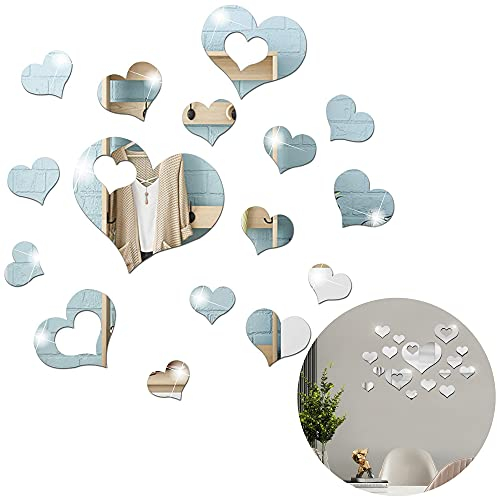 HAOBIN 16 StüCk Wandsticker Spiegel Wandaufkleber Acryl Spiegel Wandtatto DIY Spiegel Wandaufkleber Herz Dekoration Wandaufkleber Spiegel Effekt Wandsticker Spiegelwandaufkleber FüR Die Heimdeko