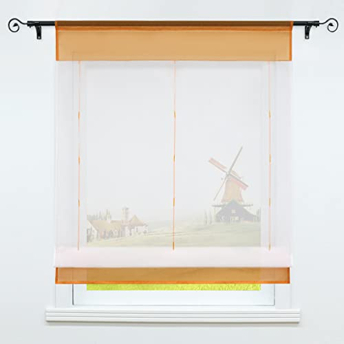 CORLIF Küche Raffrollo mit Tunnelzug Raffgardinen Transparent Voile Vorhang Katharina Bändchenrollo Modern Orange BxH 60x120cm 1 Stück