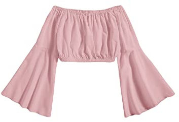 Floerns Top corto da ragazza con spalle scoperte a balze a maniche lunghe increspato camicetta, rosa cipria, 10 Anni