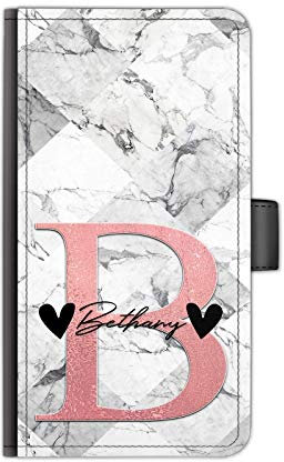 Personalised Initials Phone Case Low Pink Initial 2 Heart Black Name on Grey Marble Tile Effect PU Leather Flip Wallet Phone Cover for Apple iPhones, 16, 15, 14,13, 12, 11, Pro Max, Mini, XR, XS, SE