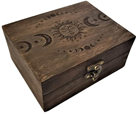 Gravierte Tarotbox aus Holz für Karten, Kristallhalter, Sonne und Mond, Wahrsagerei, Astrologie, Schmuckkästchen, Andenken-Box, Fengshui, Glückstalisman, dekorativer Geschenkkoffer/Halter