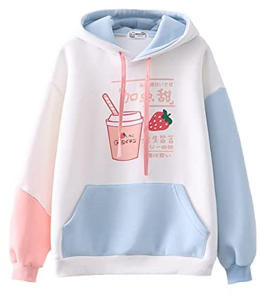 HIMI HIMIFASHION Kawaii Warm Hoodie Girls Cute Strawberry Drinks Print Loose Fleece Hooded Sweatshirt Patchwork Casual Pullover Tops (White)