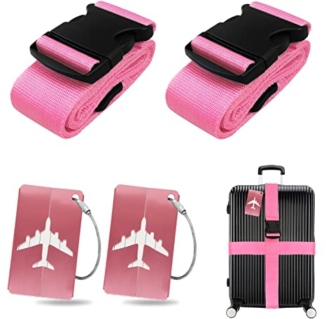 Koffergurt Kofferanhänger Set, 2 Stück gepäckband mit 2 Stück Gepäckanhänger Set, Kofferband Gurt Personalisierte Identifikation für Schnell erkennen Gepäck Reisetasche Koffer (Rosa)
