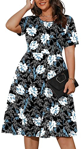POSESHE Womens Plus Size Summer Dress 2023 Casual Short Sleeve Empire Waist Loose Fit Swing T-Shirt Dress with Pockets, B5-White Lily, 4XL Plus