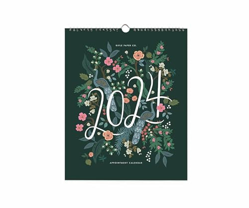 RIFLE PAPER CO. 2024 Peacock Appointment Calendar - 12 Month Dated Calendar, Space for Daily Engagement and Monthly Notes, 15 L x 12 W, Double Spiral with Center Notch for Easy Hanging