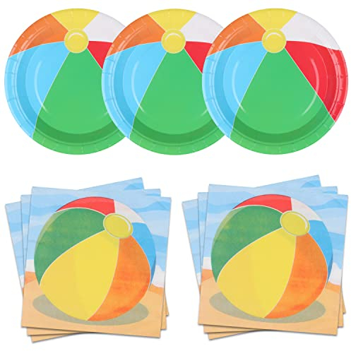 Pandecor Beach Ball Ball Themed Party Disposable Plates and Napkins Beach Party Supplies Set,Serve up to 20 Guests,Cake Dessert Plates and Napkins for Kid's Pool Birthday Party (beach ball)