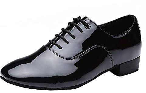 Herren Tanzschuhe Vollsohle Leder Latin Modern Oxford Schuhe Weicher Boden Schnürung Niedriger Absatz,Black b,44 EU
