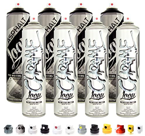 Betterrun LOOP Sprühdosen Set - Silber Schwarz - 8 x 600ml + 10x Sprühaufsätze/Graffiti Spray Cans von Loopcolors