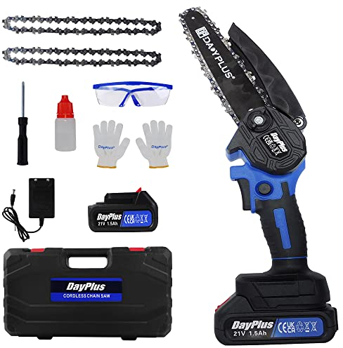 Sega a catena a batteria da 6 pollici, mini motosega elettrica portatile, con 1 batteria, 2 catene, motore senza spazzole, motosega a mano, batteria per giardino, cesoie per legno
