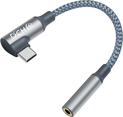 DCHAV USB C to 3.5mm Audio Adapter Headphone Jack USBc to 3.5 mm Dongle Cable Type C Male to Female Aux Cord Right Angled Braided (Grey)