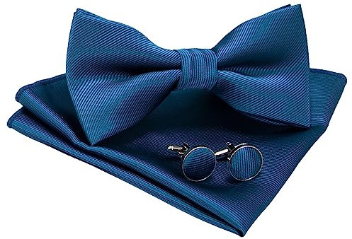 JEMYGINS Flache Textur Fliege Einfarbig und Einstecktuch mit Manschettenknöpfe Sets für Herren,Stahlblau 2