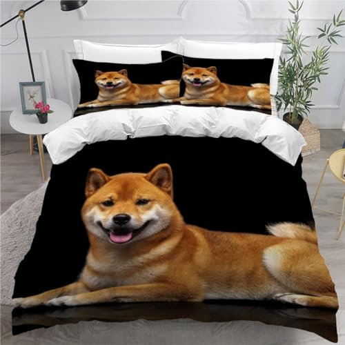 MEVASA Bettwäsche 135x200 Japanischer Shiba Inu Bettwäsche-Set 3 Teilig 3D-Druck Süßer Welpe Bettbezug 135x200 mit Reißverschluss Weiche Mikrofaser Kinderbettwäsche mit 2 Kissenbezug