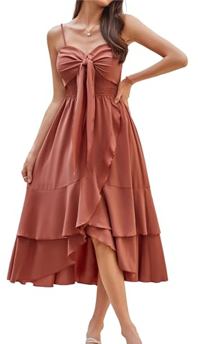 Frauen V-Ausschnitt Quasten Spaghetti Trägerkleid Elegant Rückenfreies Langes Kleider A-Linie Party Kleid Rosa M